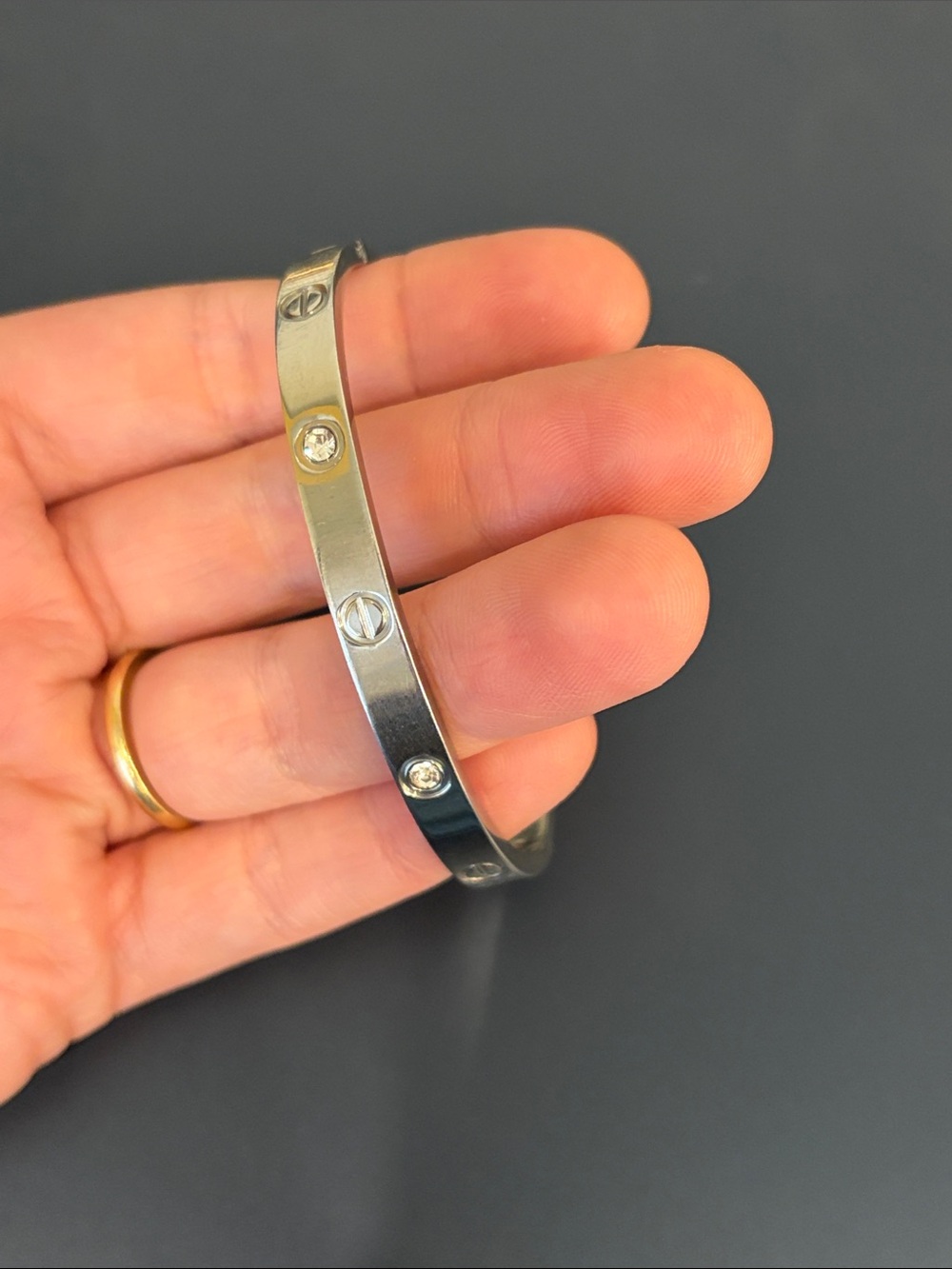 Stainless steel Screw Motif Bangle with Crystal Accents